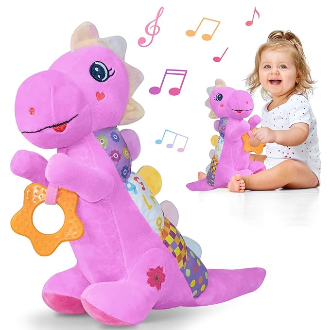 Baby Dino Plush Soft Stuffed Animal Toy for 0-3-6-12+ Months,Infant Musical Toy with Rattle,Squeaker,Sensory Crinkle,Teether & Textures,Toys for Christmas Baby Gift for Newborn Girl Boy (Purple)