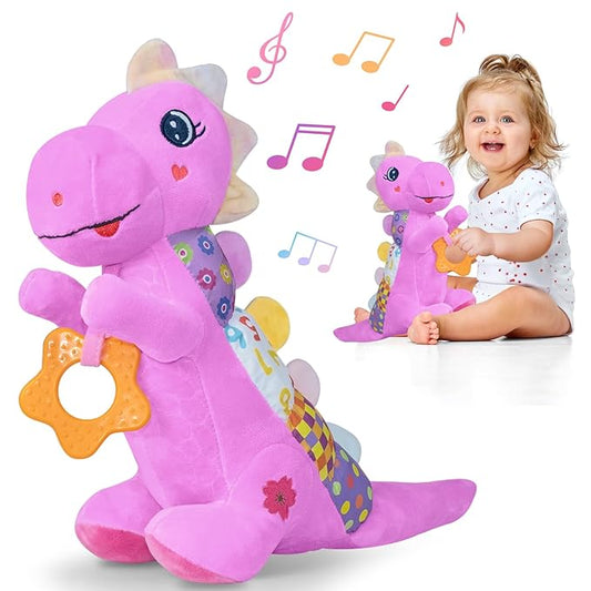 Baby Dino Plush Soft Stuffed Animal Toy for 0-3-6-12+ Months,Infant Musical Toy with Rattle,Squeaker,Sensory Crinkle,Teether & Textures,Toys for Christmas Baby Gift for Newborn Girl Boy (Purple)