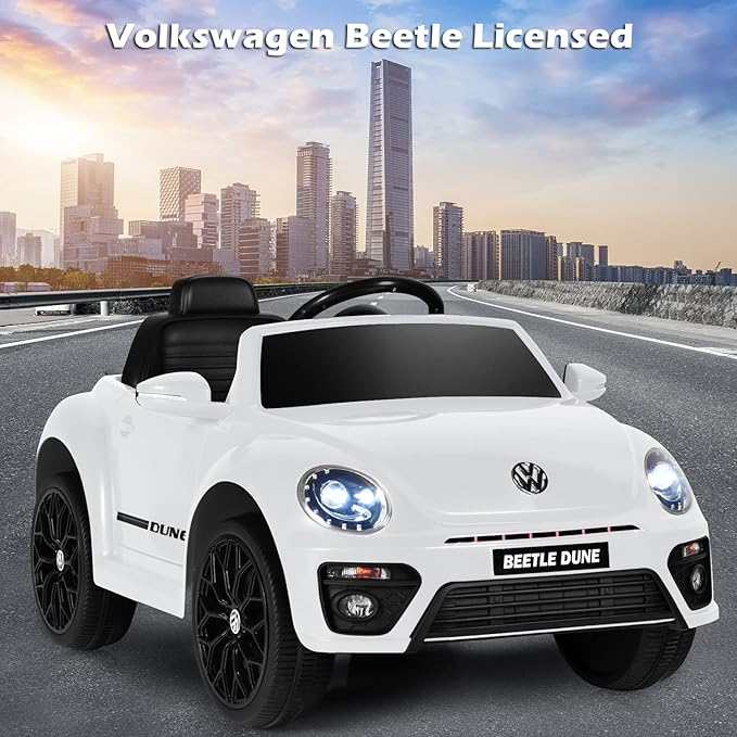 Costzon Ride on Car, 12V Licensed Volkswagen Beetle Battery Powered Vehicle w/Remote Control, Spring Suspension, Lights, USB, Horn, Music, 4 Wheeler for Boy Girl Gift, Electric Car for Kids, White