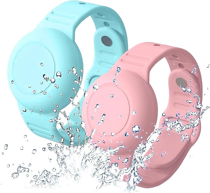 Waterproof Airtag Bracelet for Kids,2 Pack Hidden Airtag Wristband Kids,Anti-Lost Silicone Apple Airtag Holder Case for Toddler,Air tag Case Cover Watch Band GPS Tracker for Child-Pink+Teal