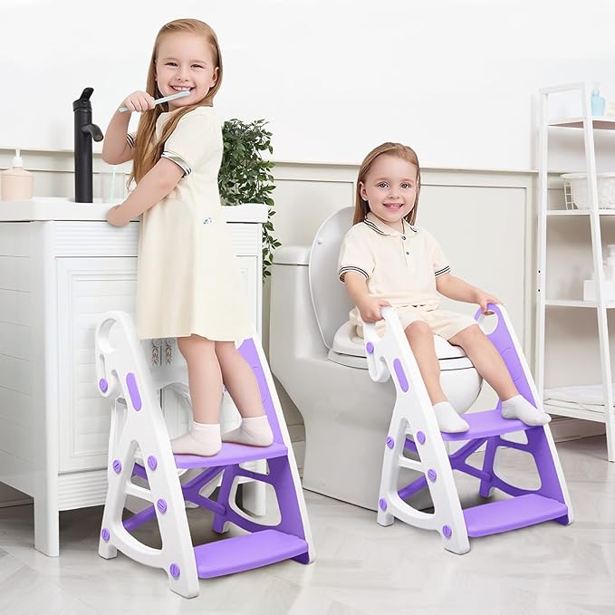 Primlect Potty Training Seat, 2-in-1 Toddler Toilet Seat with Step Stool, Ultra-Stable Potty Chair Attachment, Adjustable Seat and Step Ladder, Non-Slip Design, Splash Guard for Boys and Girls(Blue)