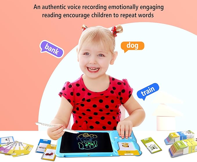 Rylai Toddler Toys Talking Flash Cards, Kindergarten Learning Resources 510 Sight Words with Drawing Tablet for Speaking Doodling, Sensory Toys for Kids with Autism, Boys Girls 2 3 4 5 6, Blue