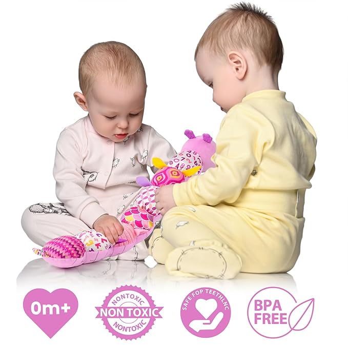 Infant Baby Musical Stuffed Animal Activity Soft Toys with Multi-Sensory Crinkle, Rattle and Textures for 0-3-6-12 Months Developmental Toys, Caterpillar, Purple