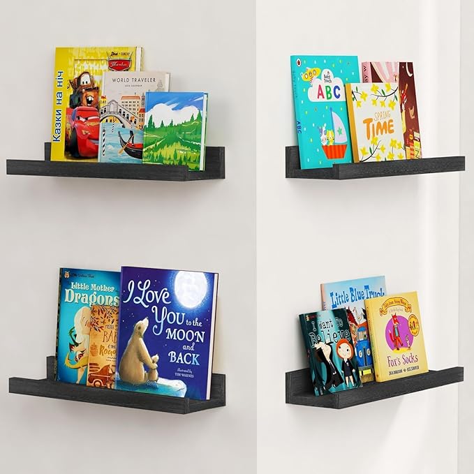 Forbena Black Floating Shelves for Wall with Lip Set of 4, Small Picture Ledge Shelf for Living Room Bedroom Books, Wood Wall Mounted Shelves for Bathroom Decor Entryway Kitchen Storage (Black)