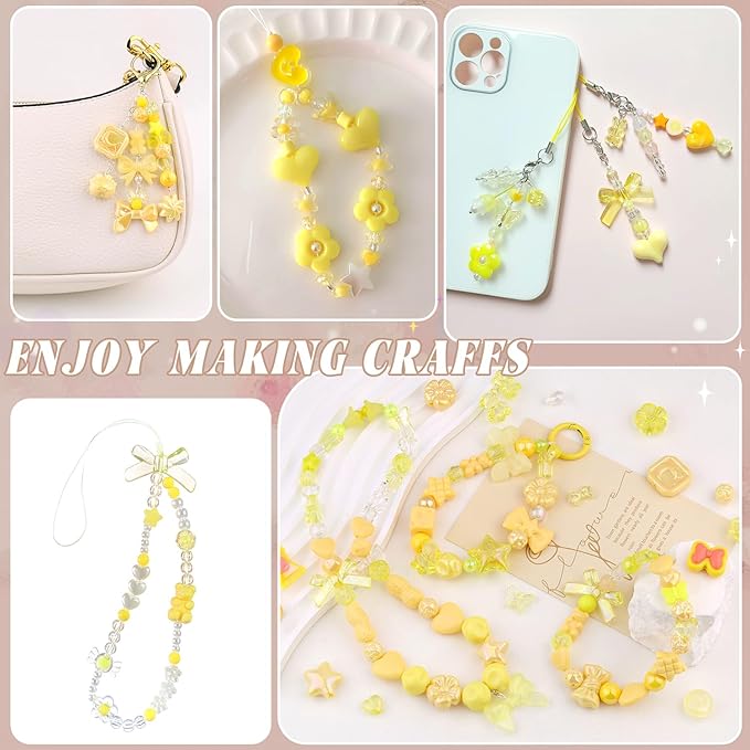Assorted 170-230PCS Yellow Acrylic Beads for Bracelet Making, Flower Bow Butterfly Candy GummyBear Aesthetic Bracelet Charms,Cute Beads for Jewelry Making DIY Necklace Keychain Phone Charm