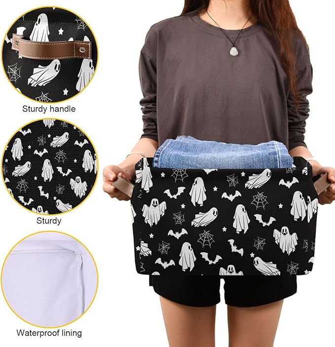 Collapsible Storage Basket Bin Happy Halloween Organizer Cube with Handle, Canvas, Black