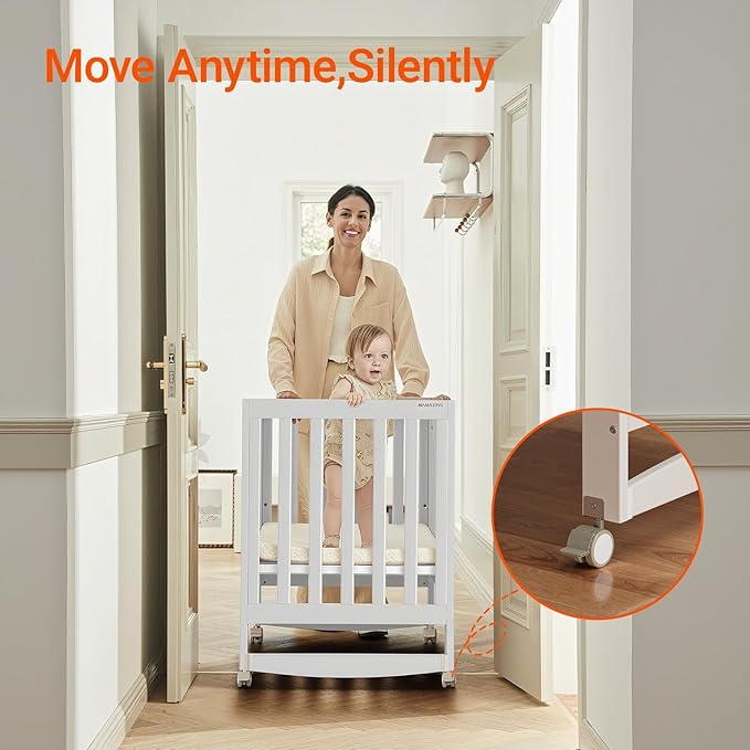 EvoNest Baby Crib, 11 in 1 Convertible Mini Crib with Wheels, 100% New Zealand Wood Growing Bed, 4 Adjustable Mattress Height,White