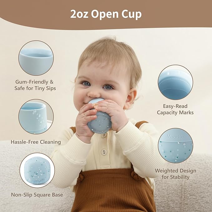 Moonkie Silicone Baby Cups 4 Months+ | Open Training Drinkware for Infants with Confetti Sprinkles | Baby-Led Weaning Essential | 2 oz (Ether/Ivory, 2 Pack)