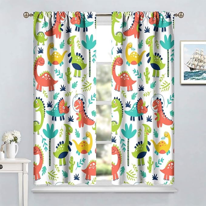 Rustic Dinosaurs Curtains Colorful Dino Kids Boys Cartoon Cute Cool Funny Decor Printed Blackout Rod Pocket Window Drapes for Living Room Bedroom W42xL84in 2 Panels