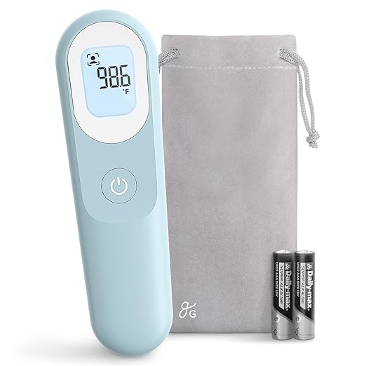 Greater Goods No-Touch Infrared Digital Thermometer for Adults, Kids, and Babies, Forehead Thermometer with Ergonomic Grip, Fever Alarm, Powder Blue