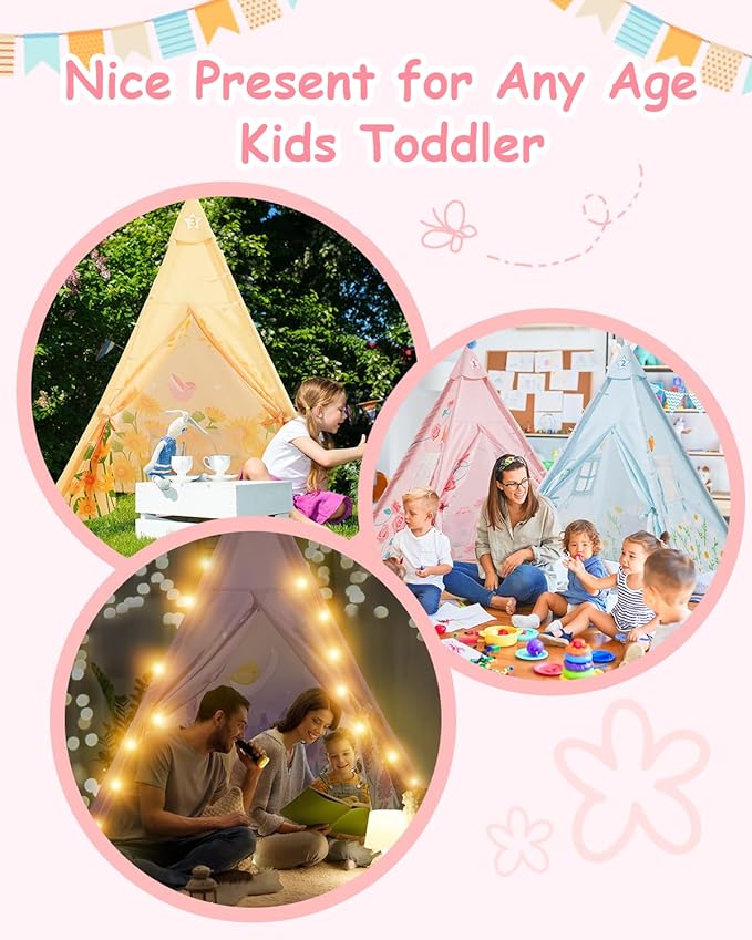 6 Pack Teepee Tent for Kids with Inflatable Airbed, Light, Toddler Tent Children Room Tents, Slumber Party Sleepover Tents, Indoor Outdoor Kids Playtent Playhouse for Girls & Boys