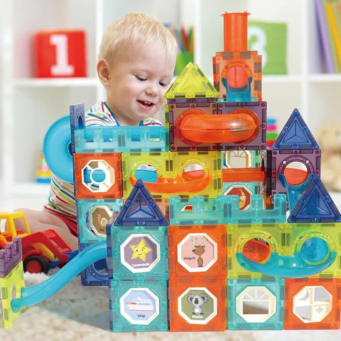 BINZKBB Light Magnetic Tiles Building Blocks for Kids,3D Clear Educational STEM Building Toys,Magnetic Marble Run Blocks Toys for Kids Ages 3 4 5 6 7 8 10+Year Old Boys Girls Creative Gift(110 PCS)