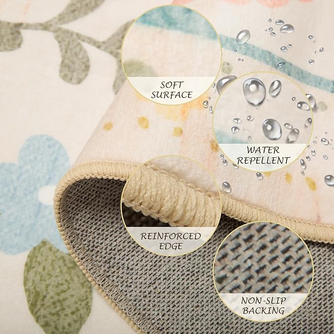 Floral 4x6 Area Rug Machine Washable Soft Print Boho Carpet Non Slip Doormat Low Pile Flower Area Rugs for Living Room Bedroom Nursery Kitchen Dining Room Indoor-Beige/White/Orange