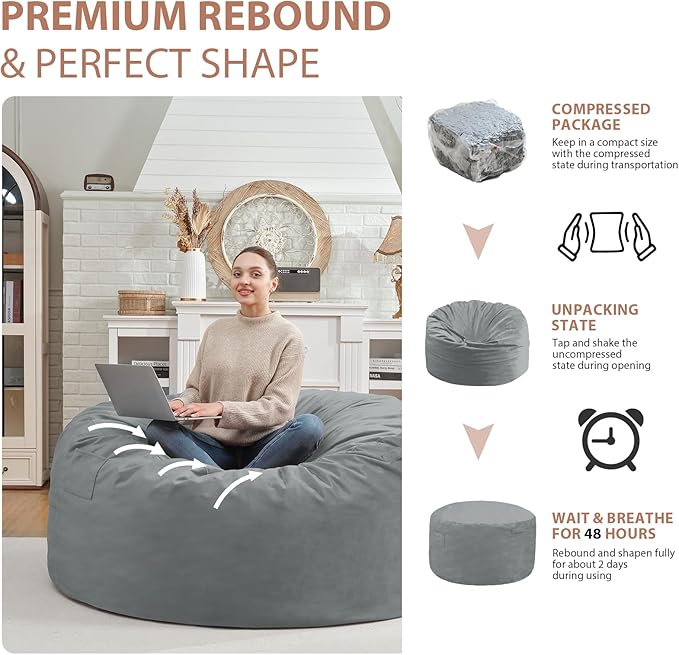 3FT Bean Bag Chair, Comfy Bean Bag Chairs with Memory Foam Filled, Fluffy Beanbag Sofa with Dutch Velvet Cover, Round BeanBag Chairs for Living Room, Playroom - Light Grey