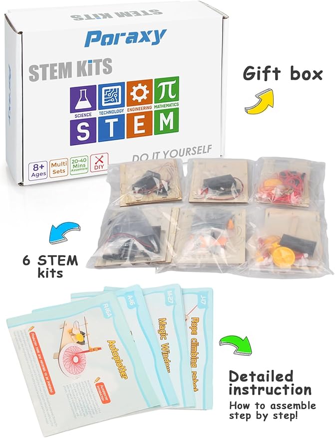 Poraxy 6 in 1 STEM Toys for Kids Ages 8-12, STEM Kits, 3D Wooden Puzzles, Educational Science Projects Building Model Kits, Birthday Gifts for Boys and Girls Ages 7 8 9 10 11 12 13 Years Old