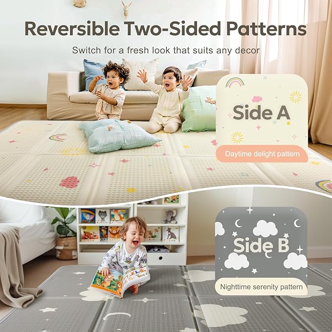 Extra Large Foldable Play Mat, Reversible Baby Play Mat with Edge Reinforcement, Non-Toxic & Waterproof Baby for Floor, Foam Playmat with Travel Bag, Rainbow, Cloud & Moon, 71"x59"