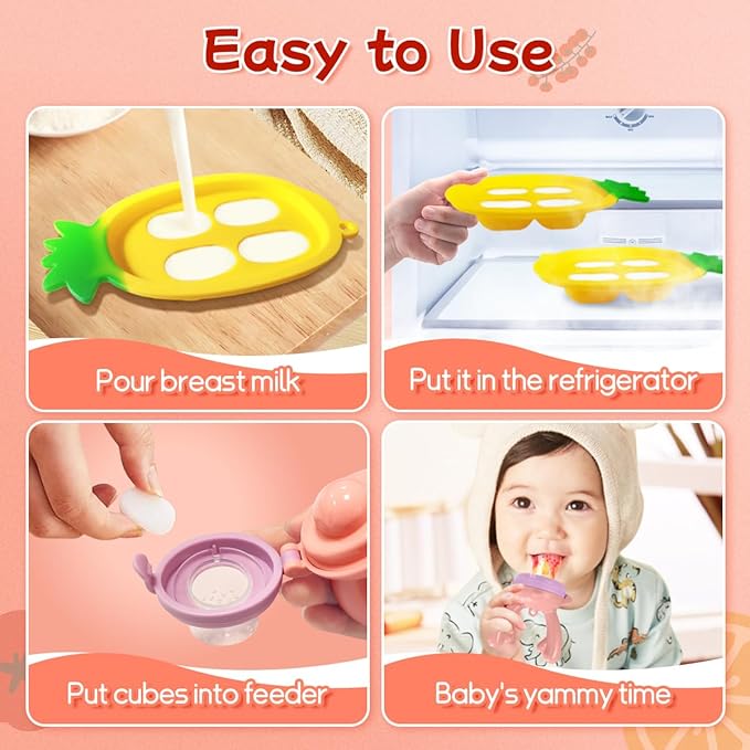 Baby Fruit Food Feeder - Silicone Nibble Tray Combo - Breastmilk Popsicle Mold for Cooling Relief, BPA Free Mesh Feeder for Infant Self Feeding (Antler Pink + Pineapple)
