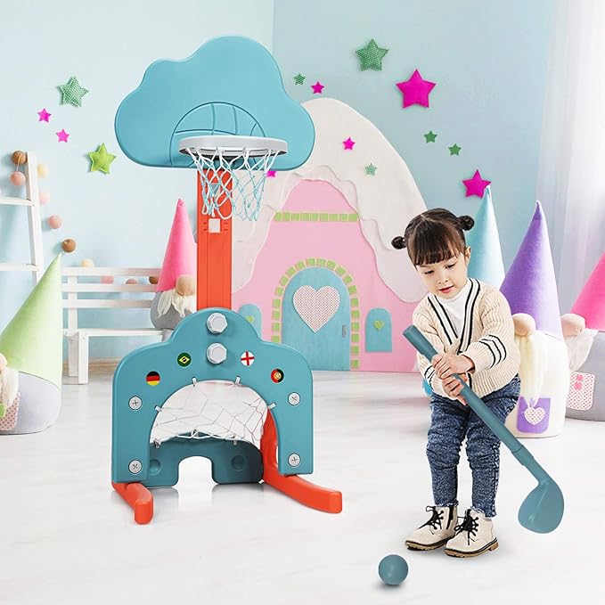 Costzon Kids Basketball Hoop, Toddler Sports Activity Center w/ 5 Adjustable Height Levels, Basketball Soccer Golf Game Set, Indoor Outdoor Basketball Hoop Set Gift for Baby Infant