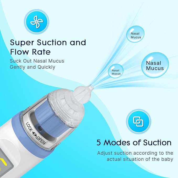 Electric Nasal Aspirator for Baby, Nose Aspirator for Toddlers, Rechargeable Baby Nose Sucker, Nose Cleaner with 3 Silicone Tips, 5 Suction Levels, Music and Light Soothing Function，Blue