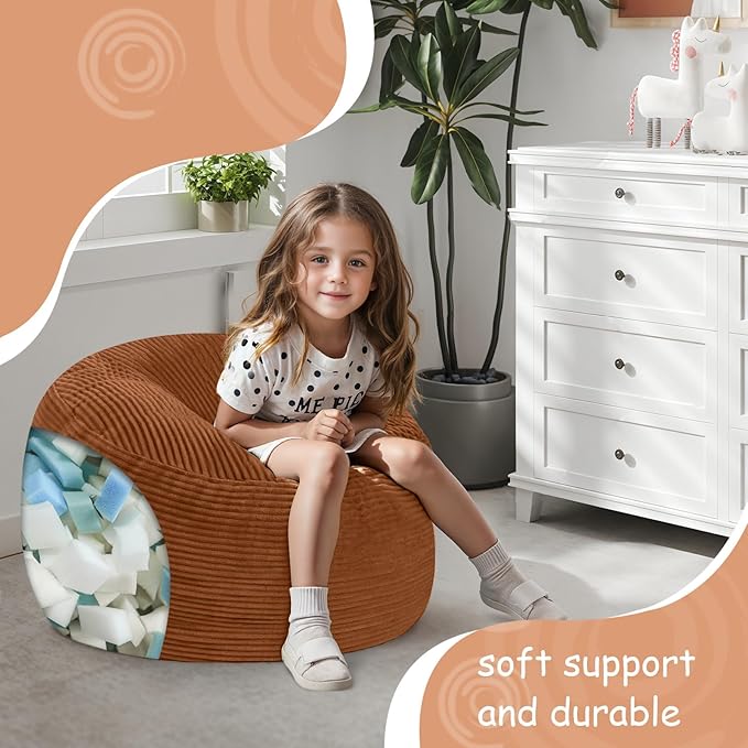 COMAX Kids Bean Bag Chair Turn into Beanbag Bed, Toddler Bean Chair Corduroy for Girl Boy Sleeping, Lazy Children Bean Bags with Filler, Convertible Child Floor Mattress, Orange