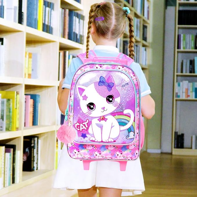 Girls Rolling Backpack, Cute Cat Roller Wheels Kids Bookbag - Wheeled Elementary School Bag - 3PCS Cat