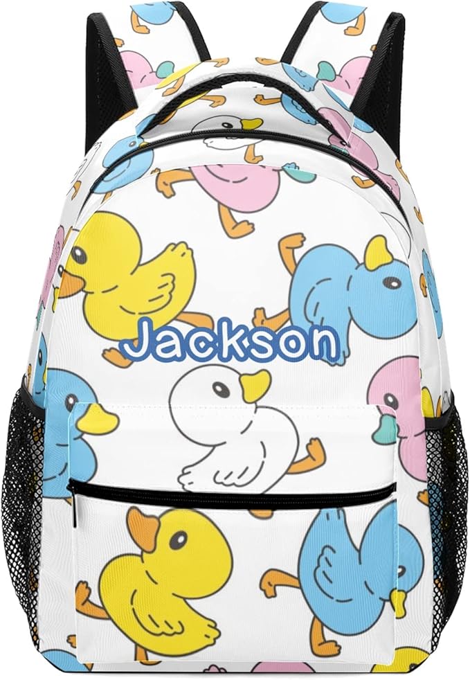 Duck Cartoon Doodle Custom Kids Backpack for Boy Girl, Personalized Waterproof Child School Travel Bag with Name, 16.5’’ X 12.2’’ X 5.9’’