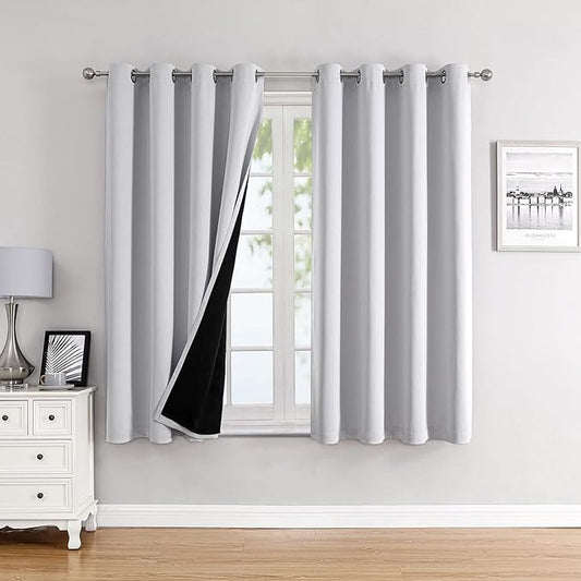 ChrisDowa 100% Blackout Curtains for Bedroom with Black Liner, 2 Thick Layers Total Blackout Thermal Insulated Grommet Window Curtains 2 Panels Set (Greyish White, 52 x 63 Inch)