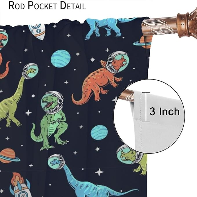 Cartoon Dinosaur Curtains for Kids Boys Girls Home Decor, Astronaut Rocket Funny Outer Space Blackout Rod Pocket Window Drapes for Bedroom Living Room W26xL84in 2 Panels