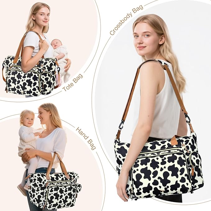 Diaper Bag Tote, Large Baby Diaper Bags for Travel, Hospital Bag for Labor Delivery with Pacifier Case, Changing Pad, Shoulder Strap, Cow Print