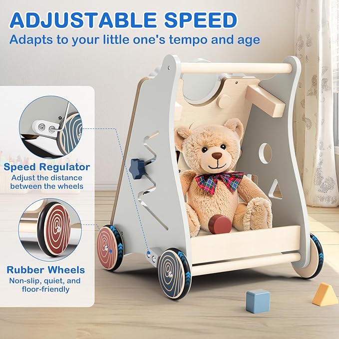 Baby Push Walker with Detachable Busy Board, Wooden Baby Walker with Adjustable Speed Wheels, Montessori Push Walker for Babies, Push Walking Toys for Boys & Girls 1 Year Old, Gifts for Toddler