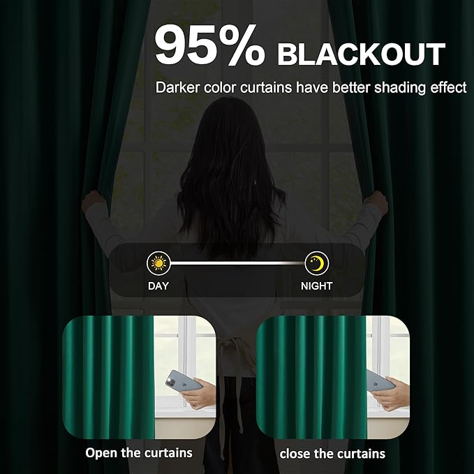 KEQIAOSUOCAI 90 Inch Dark Hunter Green Blackout Curtains for Living Room Pinch Pleated with Hooks - Room Darkening Thermal Insulated Christmas Green Track Curtain 40 x 90 Inches Long-2 Panels Set