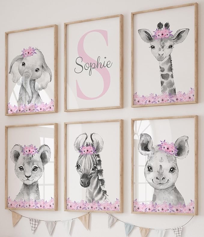 Personalized Safari Animals for Baby Girls Nursery Bedroom Unframed Set of 6 Poster Prints, Personalized Name Pink Purple Flowers Wall Art Decor New Baby Gift Present, Elephant Giraffe Panda Zebra Lion (12x16)