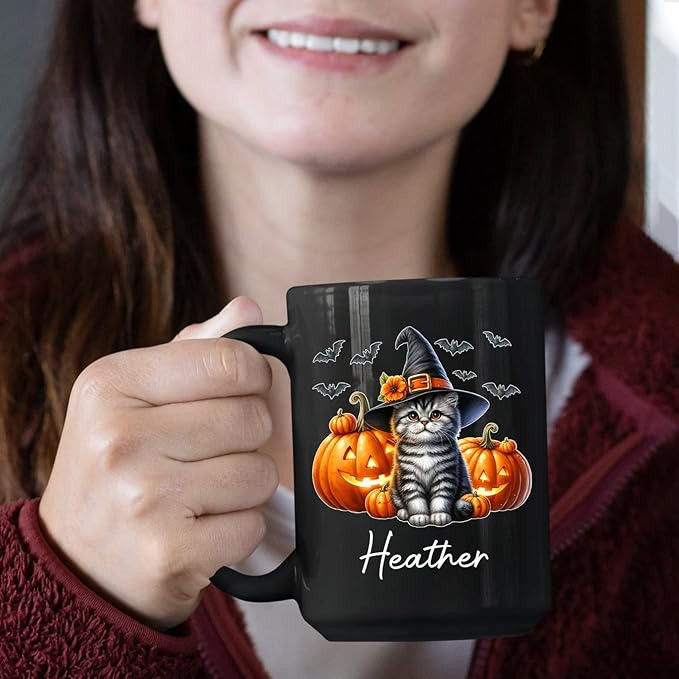 Customized American Shorthair Wearing Witch Hat Cup, Personalized Name American Shorthair Coffee Mugs, Cat with Pumpkins Ceramic Cups, Cat Halloween Black Mug 11oz 15oz, Gift for Halloween