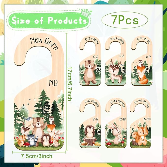 Animals Baby Closet Dividers, 7PCS Wooden Baby Clothes Dividers for Closet Organizers, Newborn to 24 Months Home Animals Theme Nursery Clothes Decor