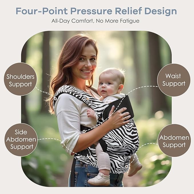 Baby Carrier with Lumbar Support, Cozy Baby Carrier Newborn to Toddler with Adjustable Seat Size, Ergonomic Infant Carrier with 3-Way Carry, Front Facing Toddler Hodler Carrier for Mom & Dad, Zebra