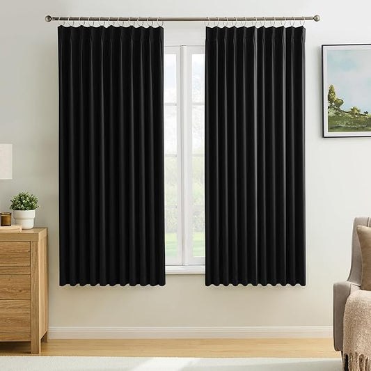 KEQIAOSUOCAI 72 Inch Wide Black Pinch Pleated Curtains 72 x 63, Thermal Insulated Noise Cancelling Living Room Office Drapes 63 Inches Long, Patio Sliding Glass Door Window Curtain 2 Panels