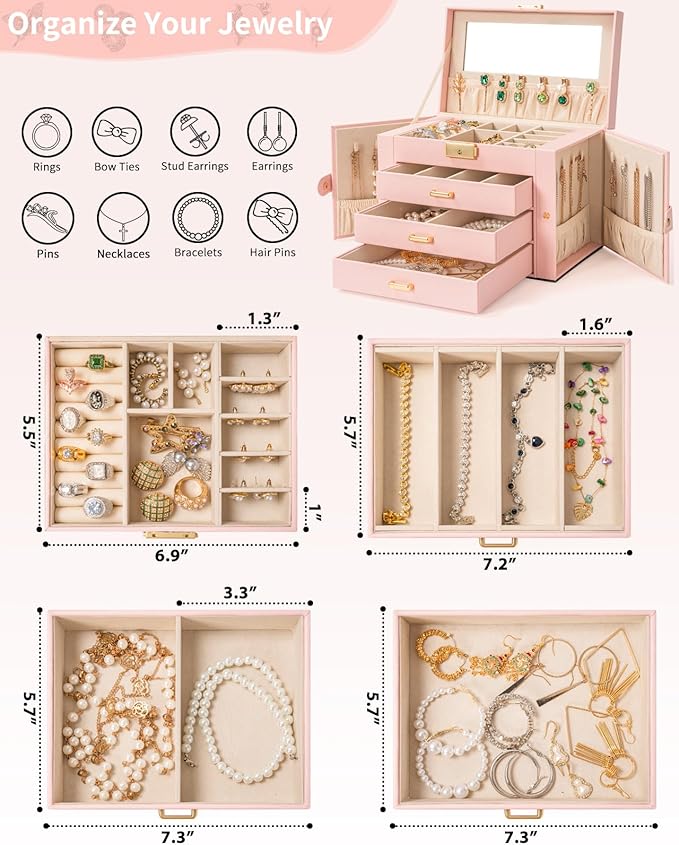 AKOZLIN Large 4-Tier Jewelry Box Leather Jewelry Storage Organizer with 3 Drawers Lockable for Women Girls Ring Necklace Earring Bracelet Watches Holder with Mirror Pink