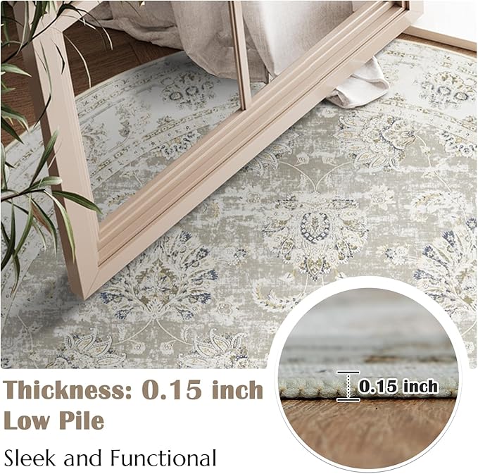 jinchan Round Rug 4ft Area Rugs Vintage Floral Distressed Design - Machine Washable Non-Slip Low-Pile Ultra-Thin Circle Rug for Entryway Bedside Living Room Dining Room Bedroom (4' Round,Taupe)