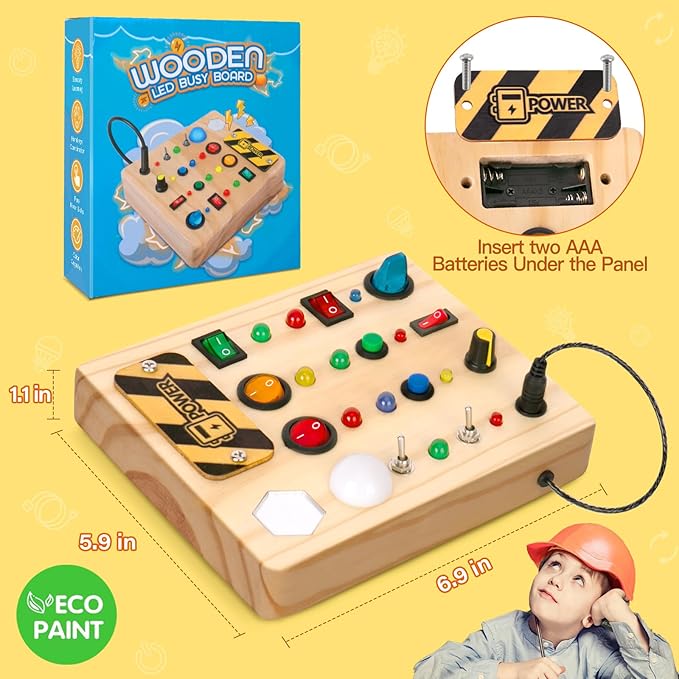 LED Busy Board, Wooden Sensory Toys for Toddler, Montessori Music Toy for Airplane, Travel Activity Educational Learning Toy, Busy Light Switch Autism Toys, Birthday Boys Girls Gifts