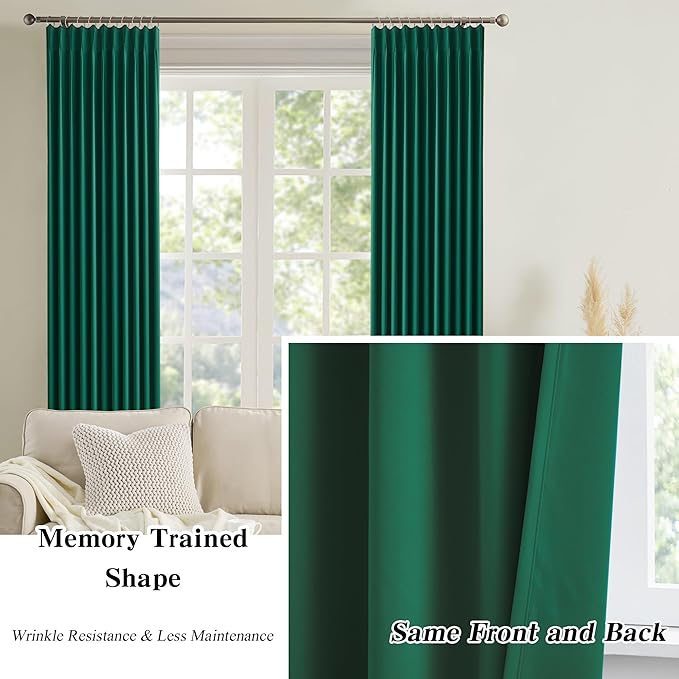 KEQIAOSUOCAI Dark Green Pinch Pleated Blackout Curtains for Small Windows - Thermal Insulated Christmas Green Curtain Drapes with Hooks，40 x 45 Inches Long-2 Panels Set