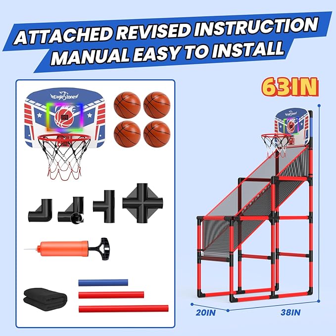 EagleStone 63IN Kids Arcade Basketball Hoop Indoor, LED Scoreboard Basketball Arcade Game Set for Outdoor with Cheer Sounds, Kids Basketball Toys for Boys Girls Age 3-5 5-7 4-8