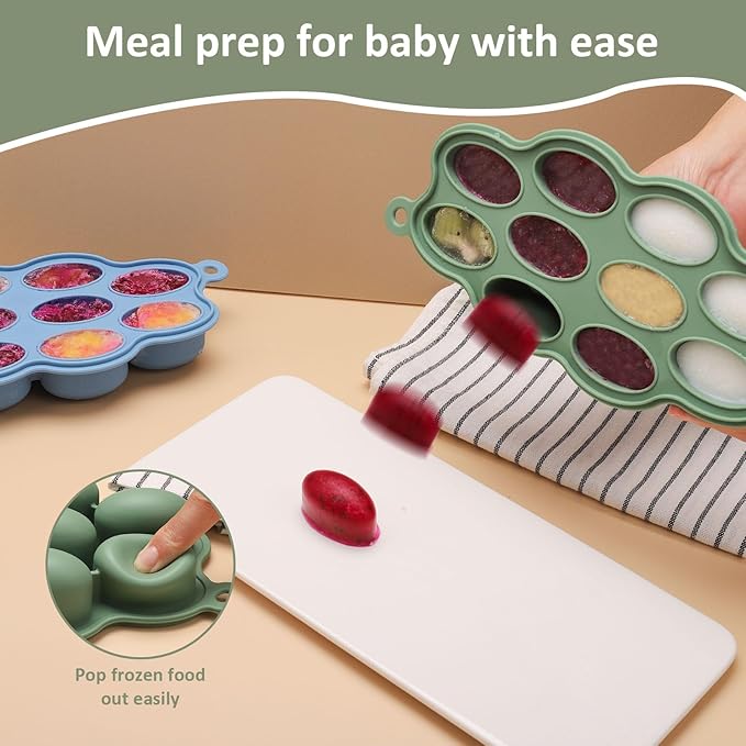 Baby Food Storage Container 2 Pack Silicone Freezer Tray Breast Milk Molds for Homemade Baby Food, Fruit Purees, Vegetable - Keep Your Baby's Meals Fresh and Safe (Matte Blue + Green)
