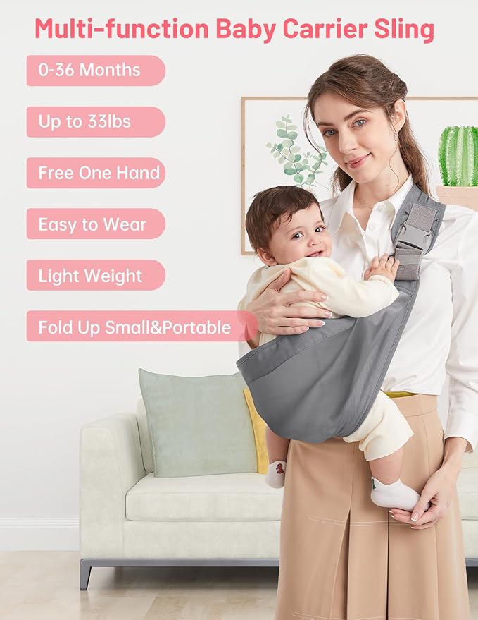 Baby Sling Carrier, Pure Cotton, Ergonomically Adjustable Baby Carrier Newborn to Toddler, Easy to Use, Portable, Ideal for 0-36 Months, Up to 33 lbs (Grey)