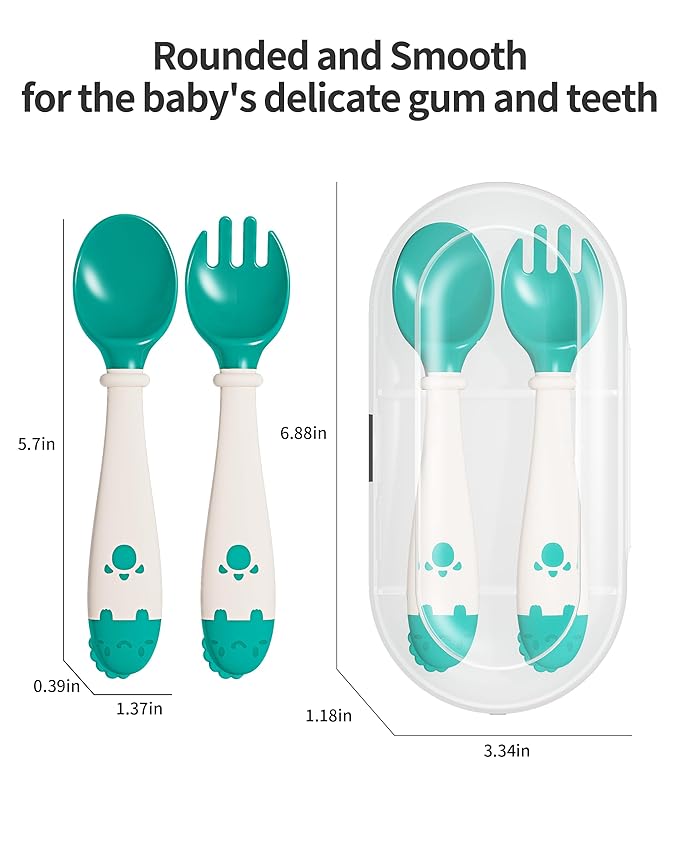 Deejoy Toddler Utensils with Travel Safe Case, Silicone Baby Spoons and Fork Set for Self Feeding, Toddlers Feeding Training Spoon, Easy Grip Heat-Resistant, Bendable Function (2 Sets, Green&Pink)