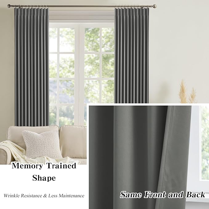 KEQIAOSUOCAI Classic Grey Color Curtains 2 Panels, Viral Pinch Pleat Vertical Drapes with Hooks Microfiber Noise Reducing Darkening Thermal Insulated Panel for Living Room (40 x 84 inches, Gray)