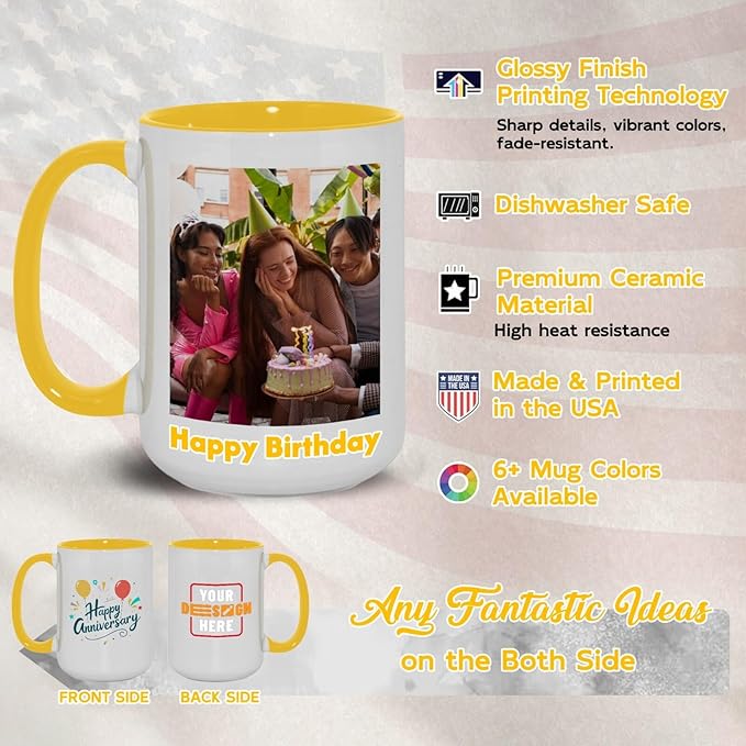 Ship Next Day Custom Mug Design Your Own Photo Text Personalized Picture Gifts for Women Men Customized Gifts Idea Personalized Coffee Mugs 11oz Yellow Handle