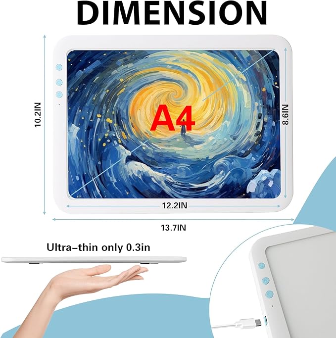 HIUKCOLED Rechargeable A4 Light Pad, Battery Powered Light Board, Stepless/6-level Dimmable Brightness with 3 Colors, Wireless LED Light Tracing Box for Diamond Painting,Drawing,Sketching,Animation