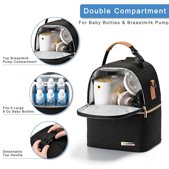 Breastmilk Cooler Bag with Ice Pack Fits 6 Baby Bottles up to 9 Ounce, Breast Milk Pump Cooler Bag with Shoulder Strap for Nursing Mom Daycare, Work, Travel- Black
