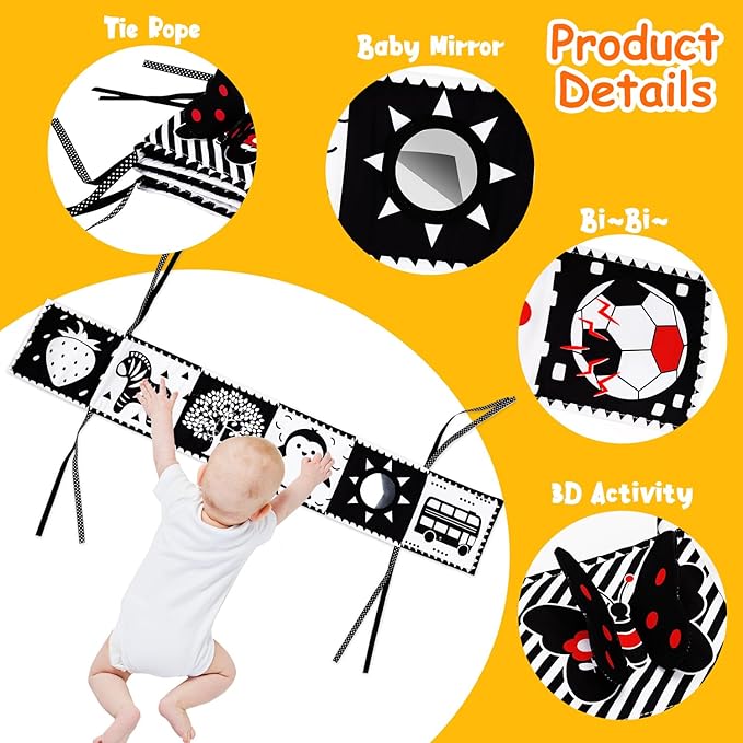 4 PCS Black and White High Contrast Baby Toys 0-3-6 Months Newborn Essential Montessori Toy for Babies Crinkle Sensory Book Brain Development Tummy Time Mirror Infant Carseat Rattle Easter Shower Gift