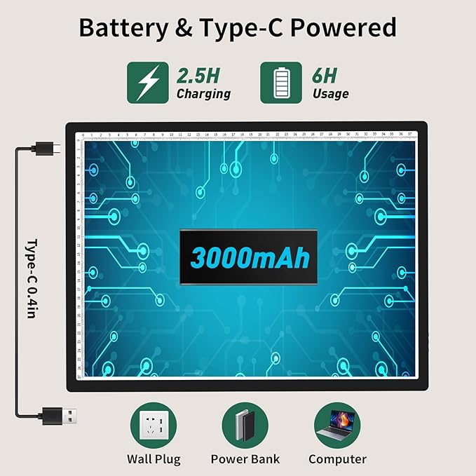HIUKCOLED A3 Built-in Tilt Stand Light Tracing Box, 6-level＆Stepless Dimmable Adjustable Brightness Light Pad with 3 Colors,Battery Powered LED Light Board for Drawing,Diamond Painting,Sketching,X-Ray